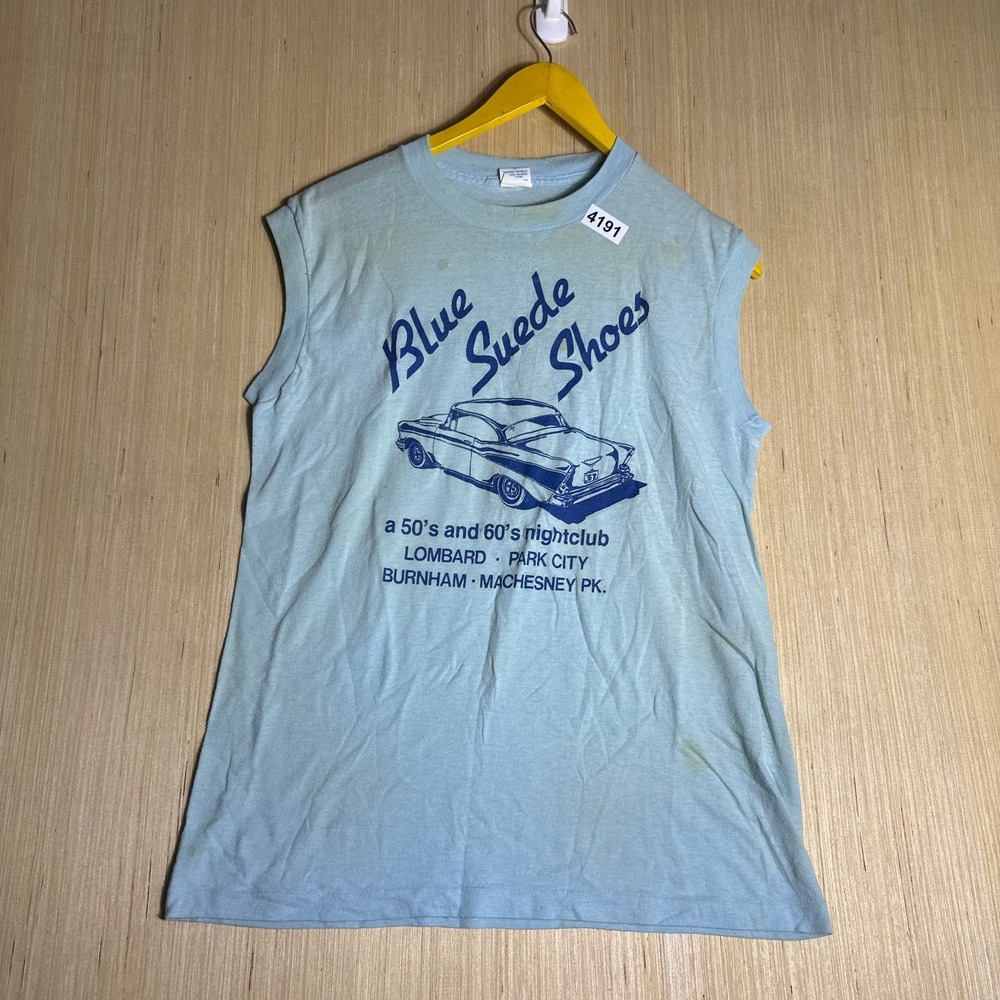 Vintage Elvis Blue Suede Shoes Shirt Large Blue Sleeveless 70's Graphic Made USA